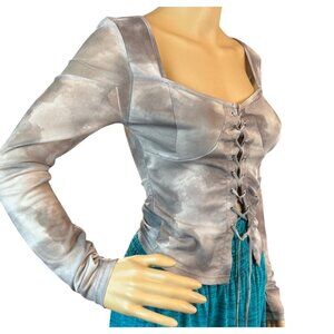 Dazy Womens Long‎ Sleeve Lace Up Corset Top Size M Sheer Abstract Y2K